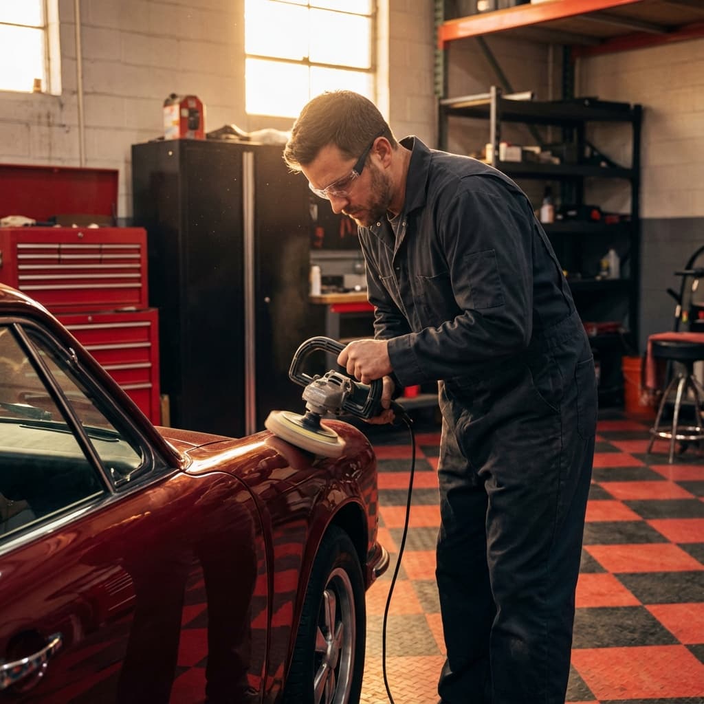 Technician Polishing Car