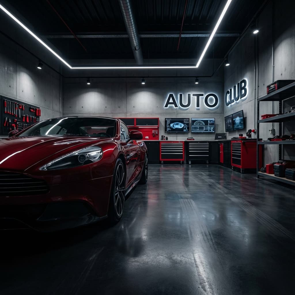 Premium Auto Body Shop Garage with Red Sports Car